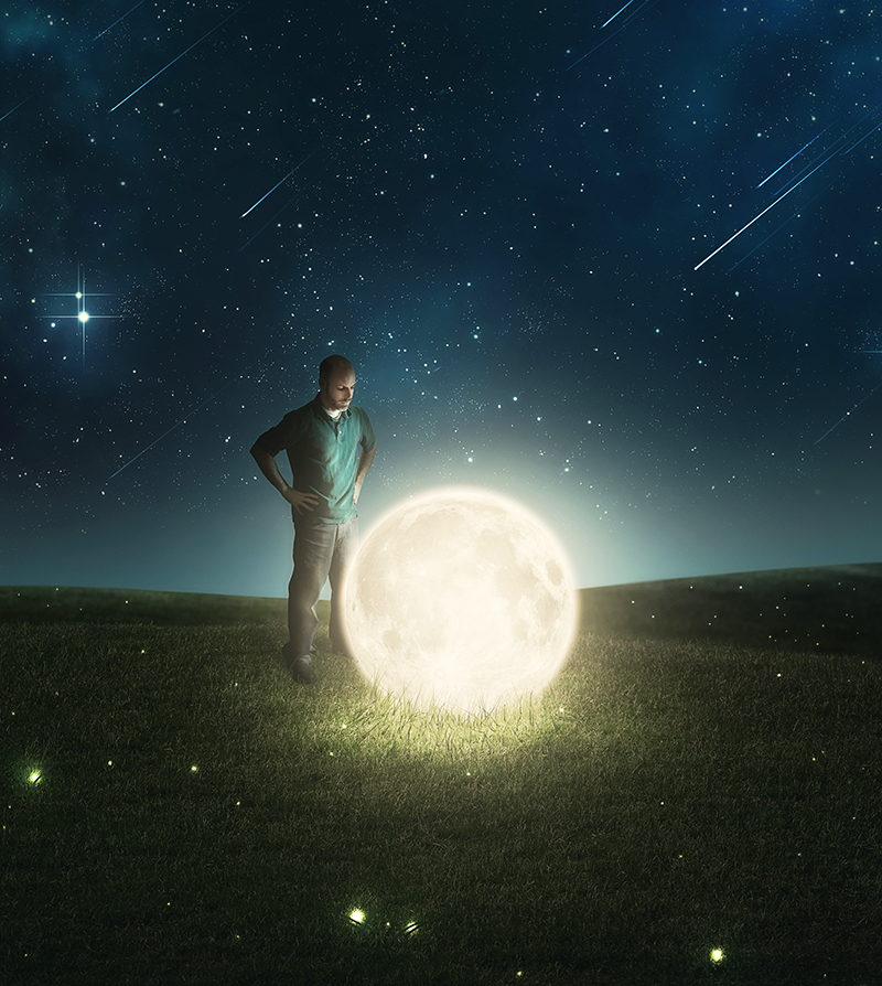 A man examines the moon and stars that have fallen