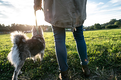 Woman outside, walking her dog